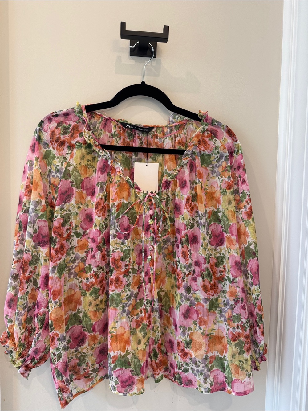 NWT-Zara Pink Orange Floral Tie-Front Peasant Blouse